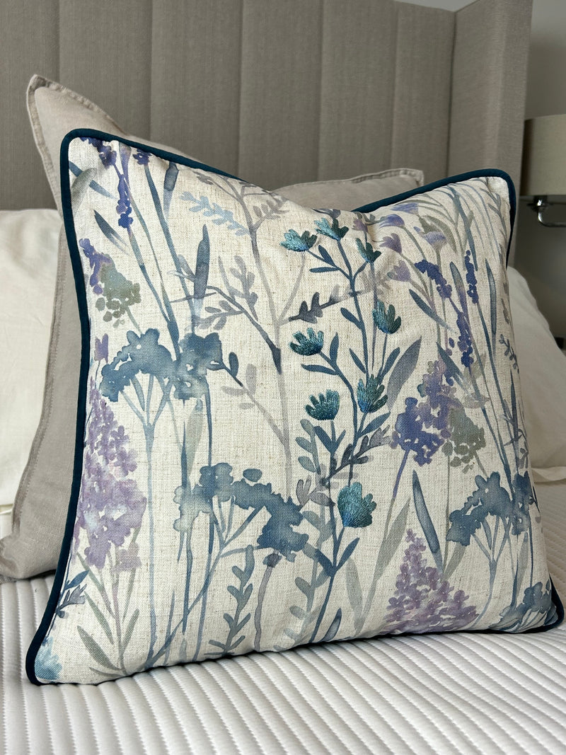 Blue Purple Linen & Velvet  Meadow Print Cushion luxury floral 45cm