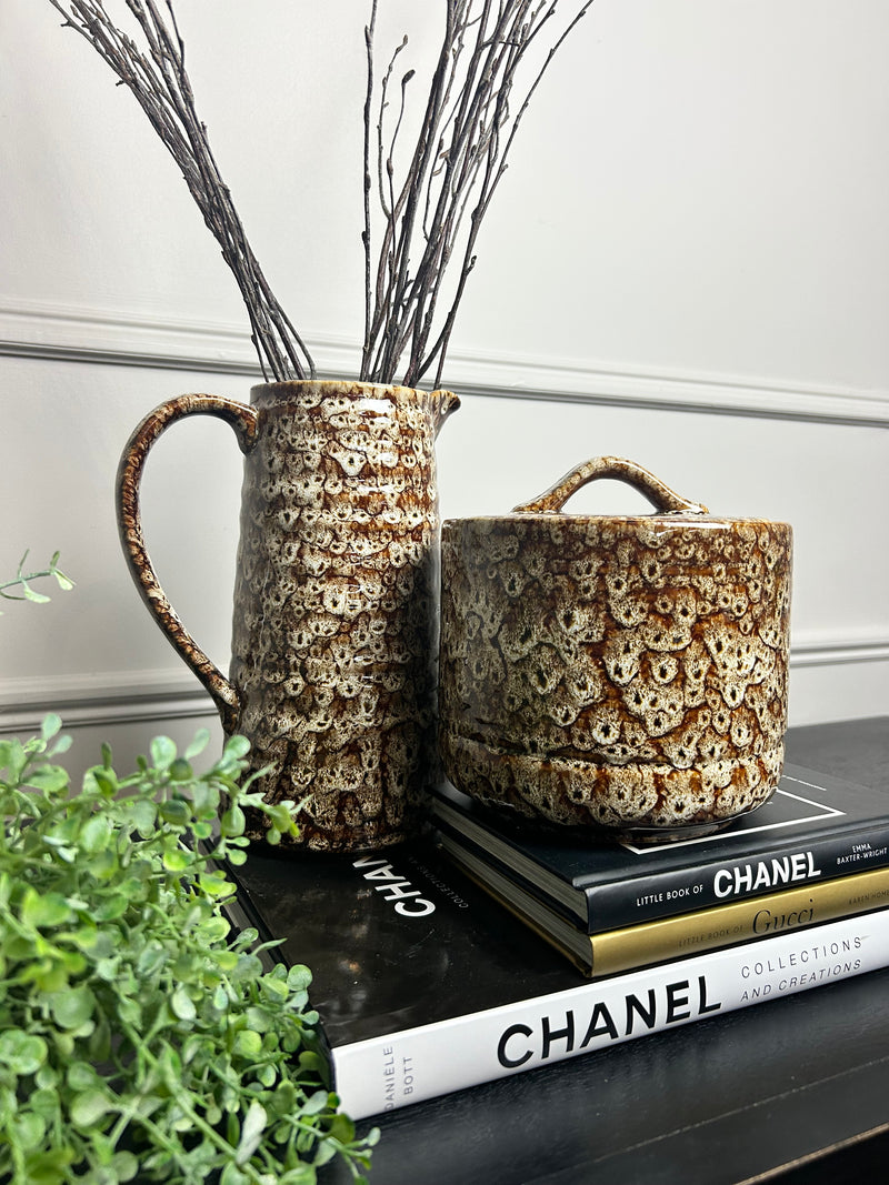 Chunky mottled brown ceramic lidded jar