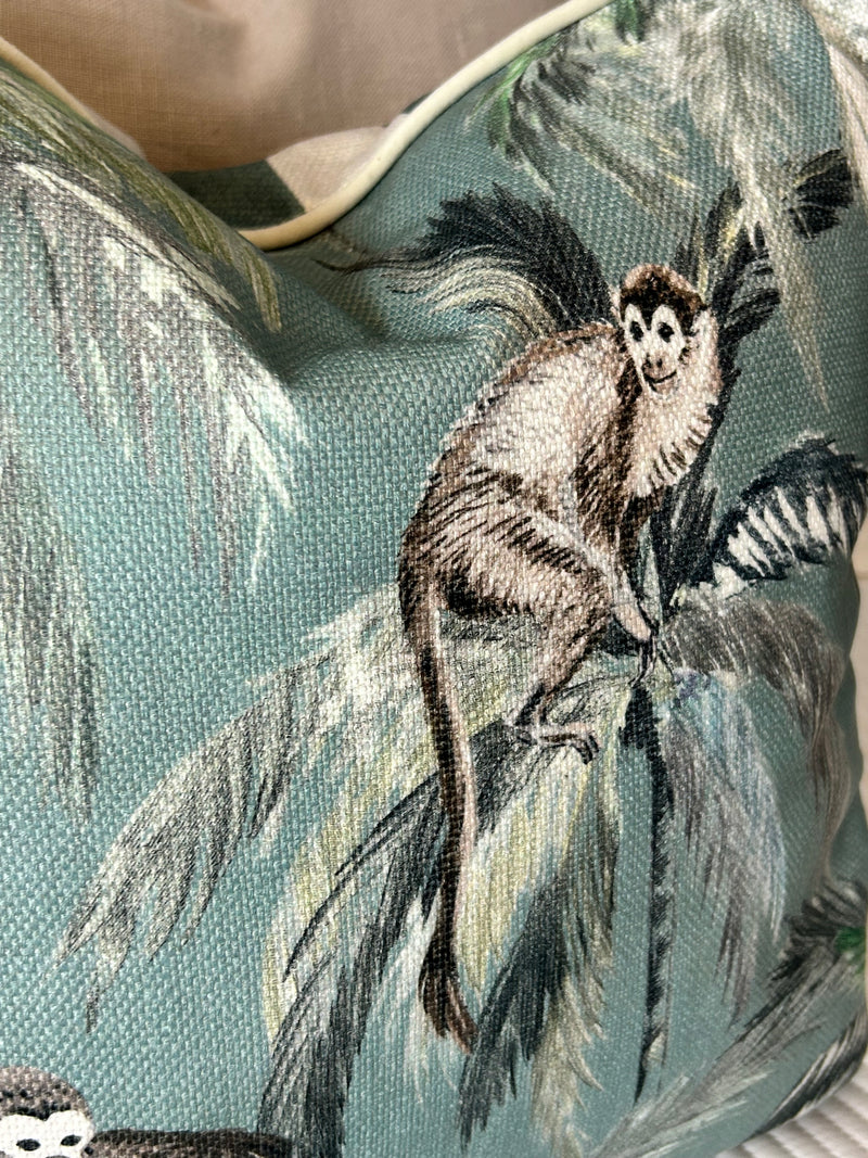 Mona Animal monkey & Stripe Green Reversible Cushion luxury piped soft mint green 45cm