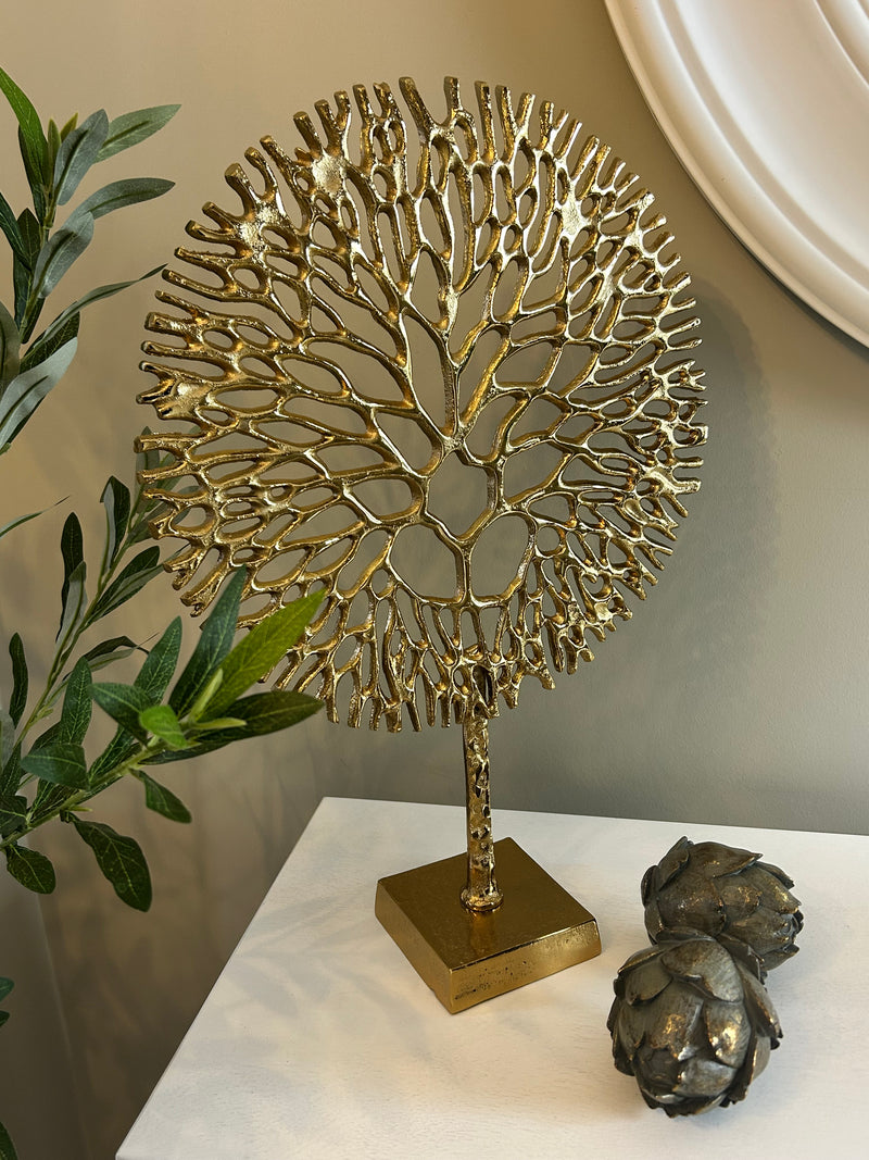 Gold metal coral tree on stand