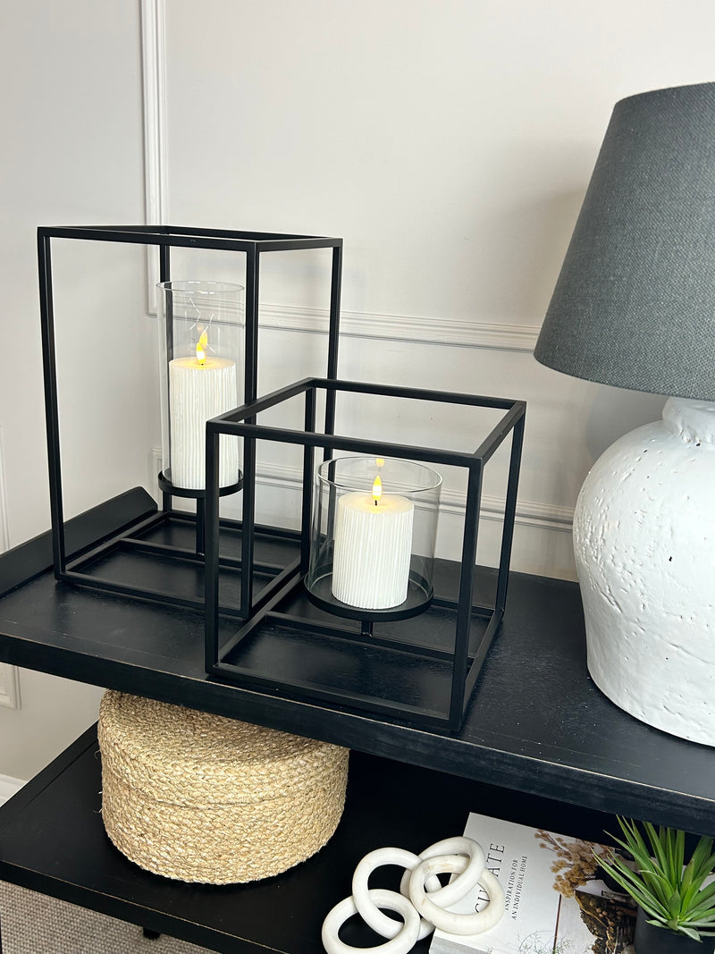 Framed windlight black metal candle holder 2 sizes