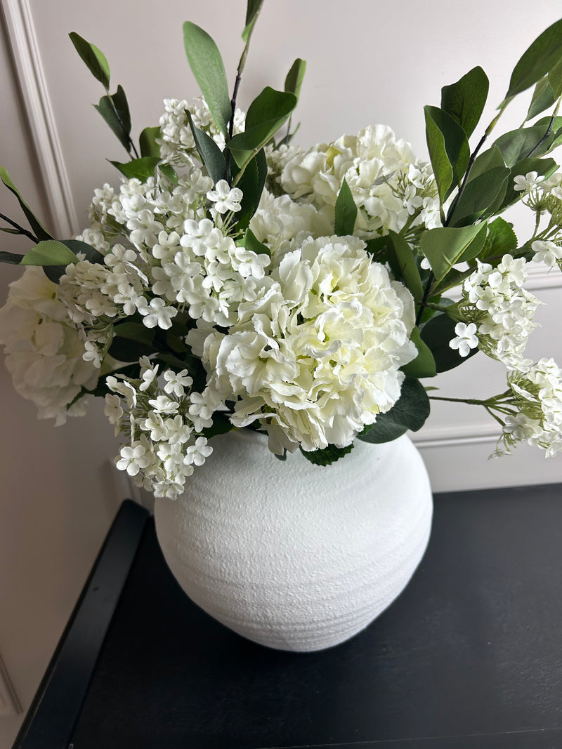 Bouquet arrangement 1 eucalyptus hydrangea Charlotte blossom ball 2 styles white and pink