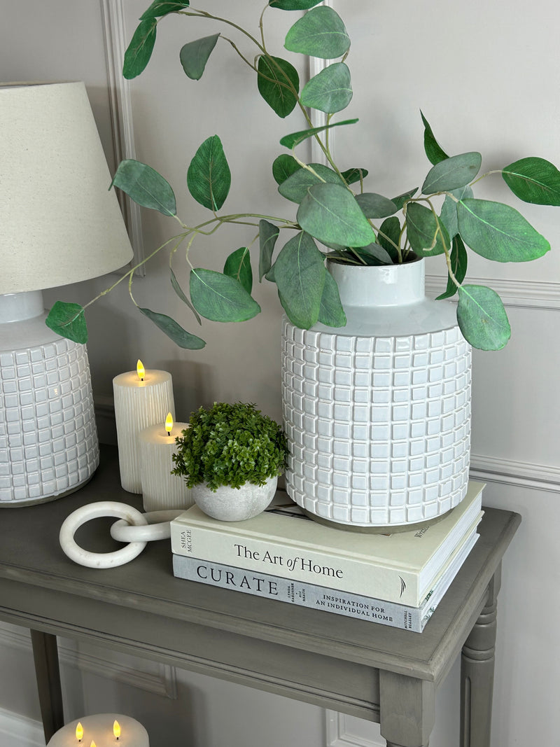 Stone grid print chunky white vase