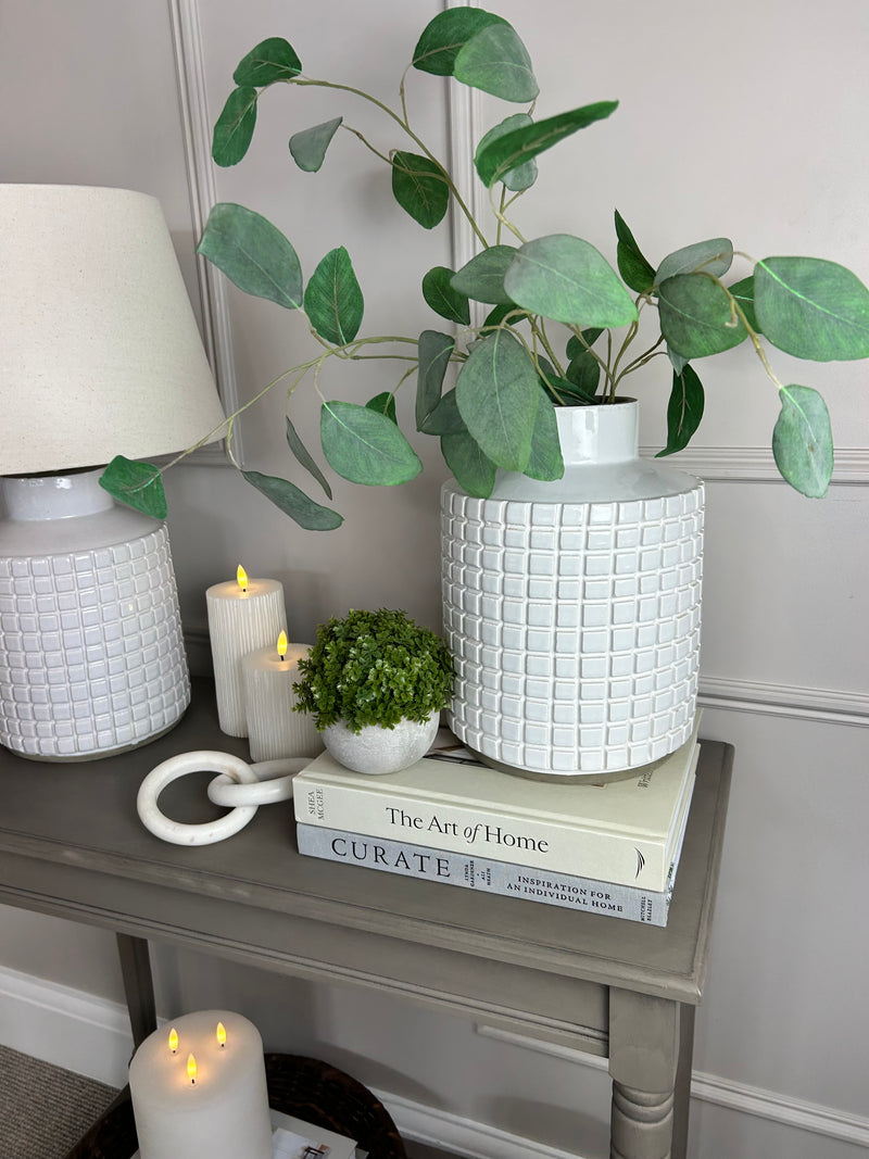 Stone grid print chunky white vase