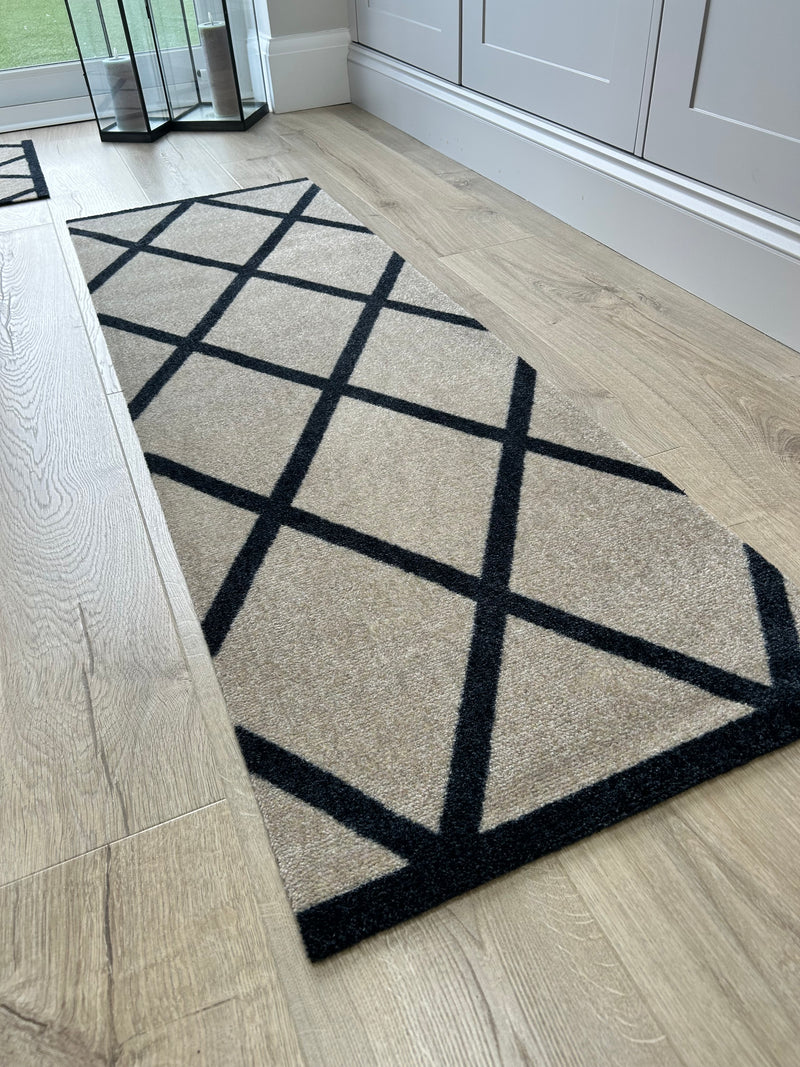 Abstract Natural Black Geometric Washable Door Mat & Runner rug