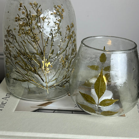 Dried flower candle holder recycled glass 17cm