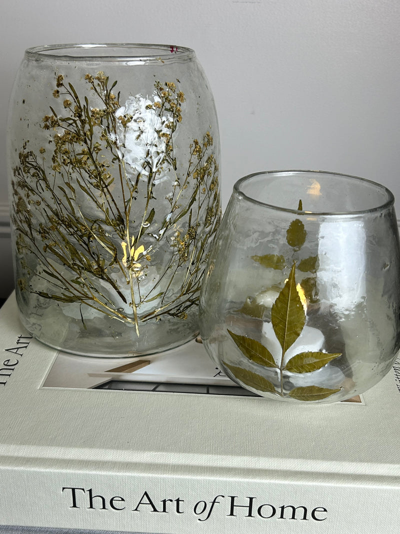 Dried flower candle holder recycled glass 17cm