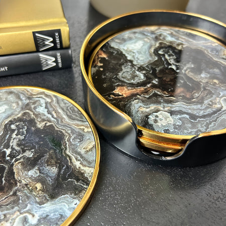 Black gold marble set of 4 coasters in holder