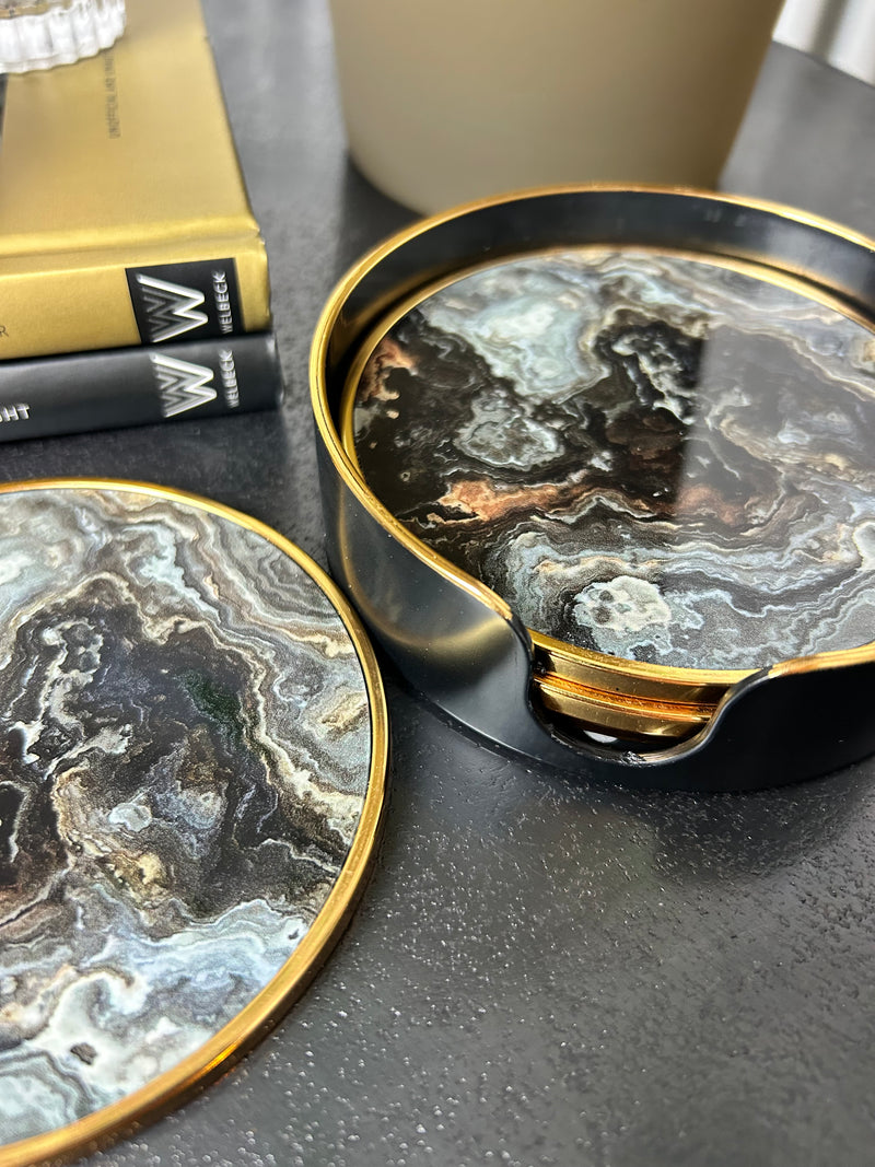 Black gold marble set of 4 coasters in holder