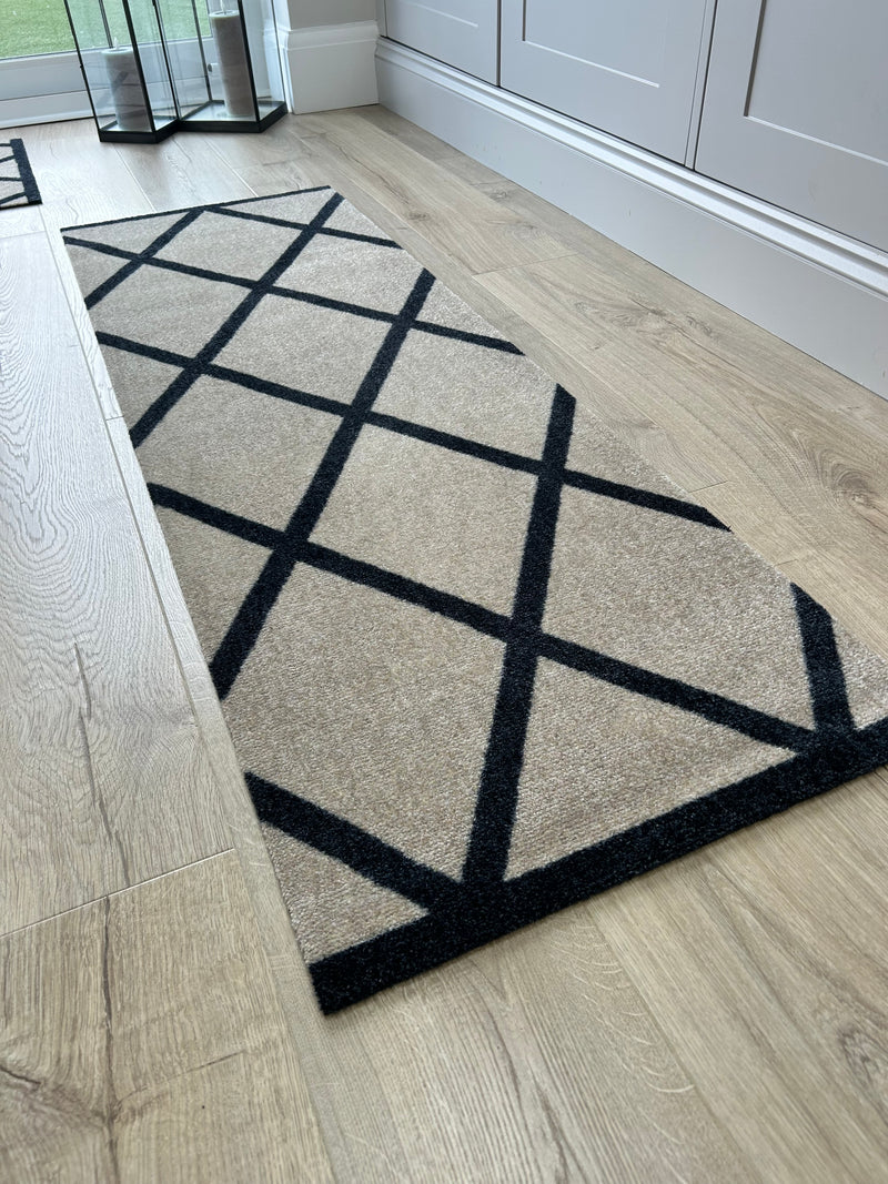 Abstract Natural Black Geometric Washable Door Mat & Runner rug