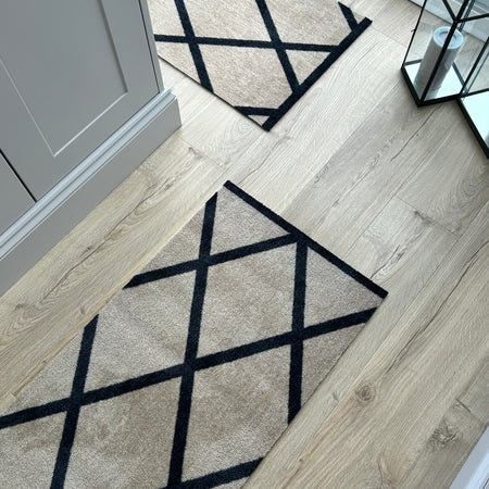 Abstract Natural Black Geometric Washable Door Mat & Runner rug