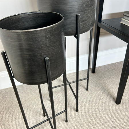 Pewter blackened bronze floor standing planter on black stand frame 2 sizes