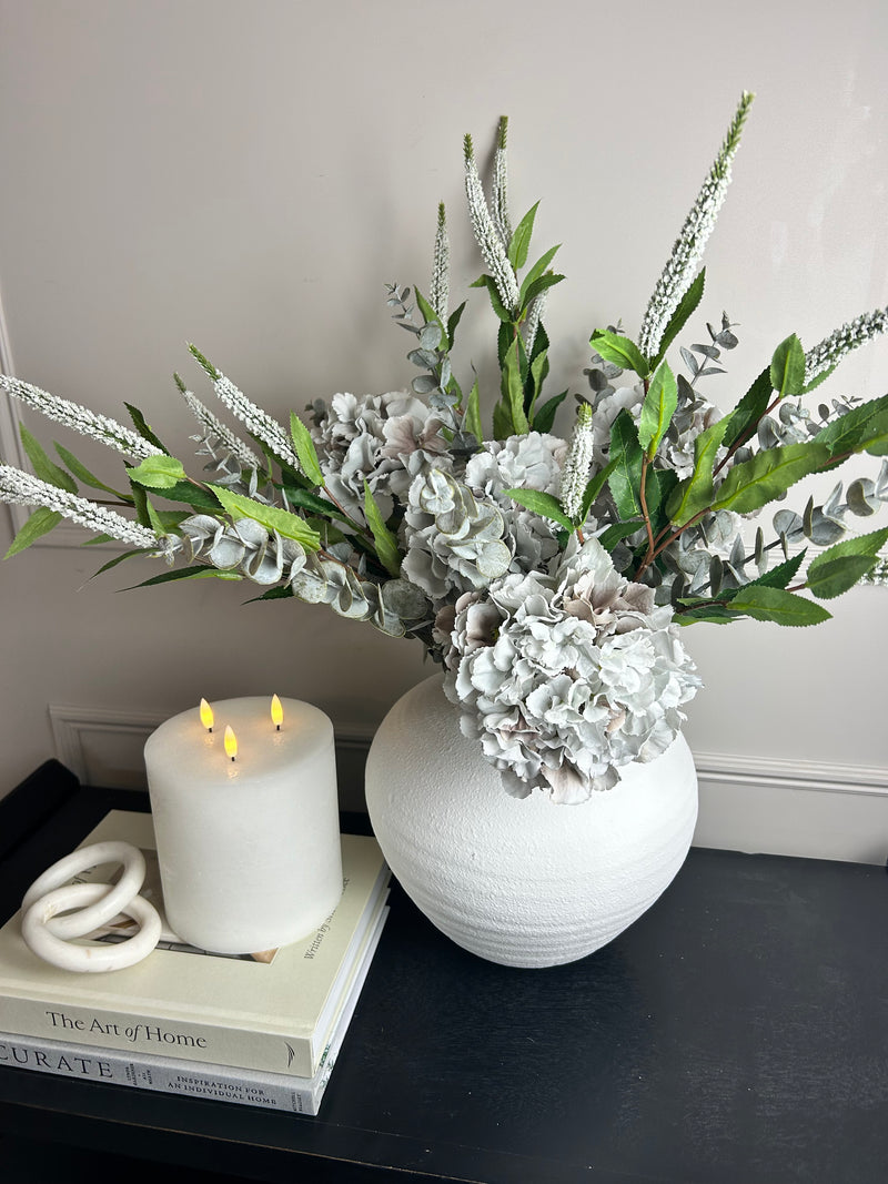 Bouquet arrangement 4 grey/taupe hydrangeas white Veronica eucalyptus bunch