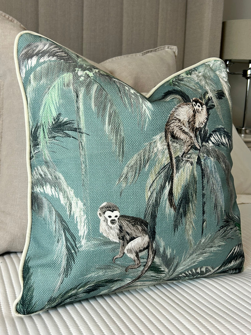 Mona Animal monkey & Stripe Green Reversible Cushion luxury piped soft mint green 45cm