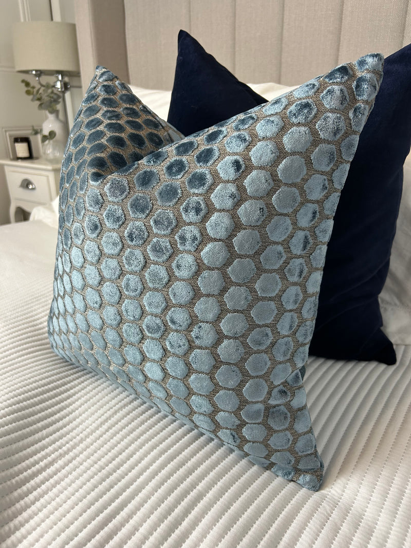 Mid blue Jorvik hex luxury cushion