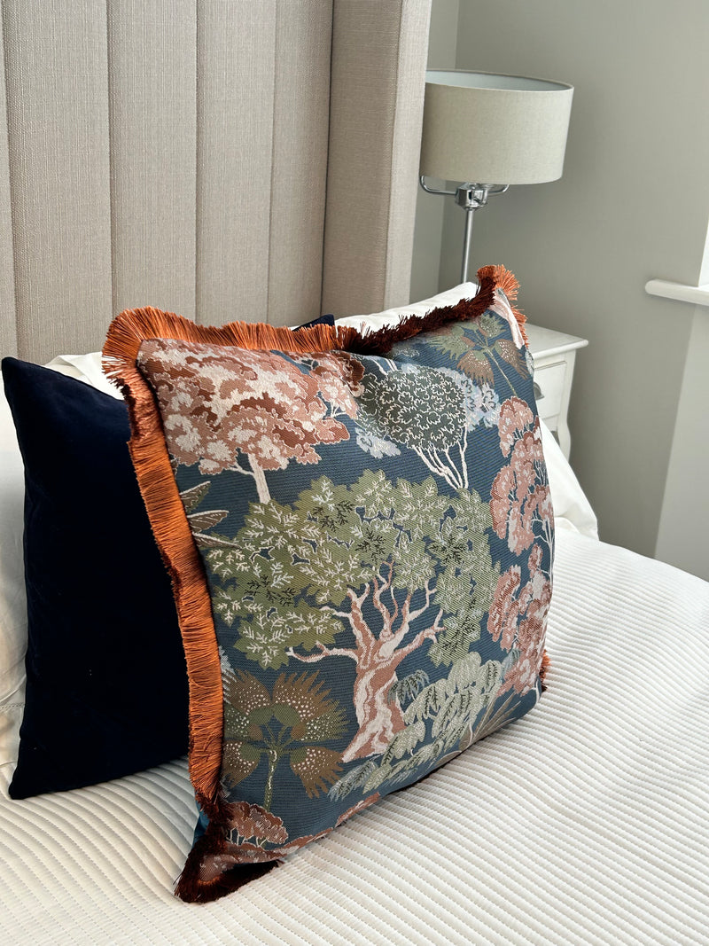 Woodlands Jacquard Print & Velvet Fringed Large Cushion 55x55cm