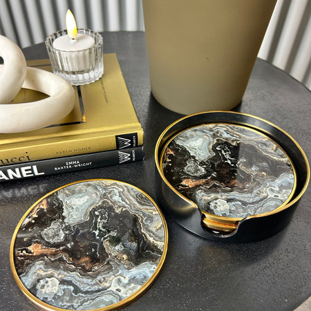 Black gold marble set of 4 coasters in holder