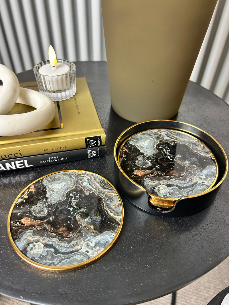 Black gold marble set of 4 coasters in holder