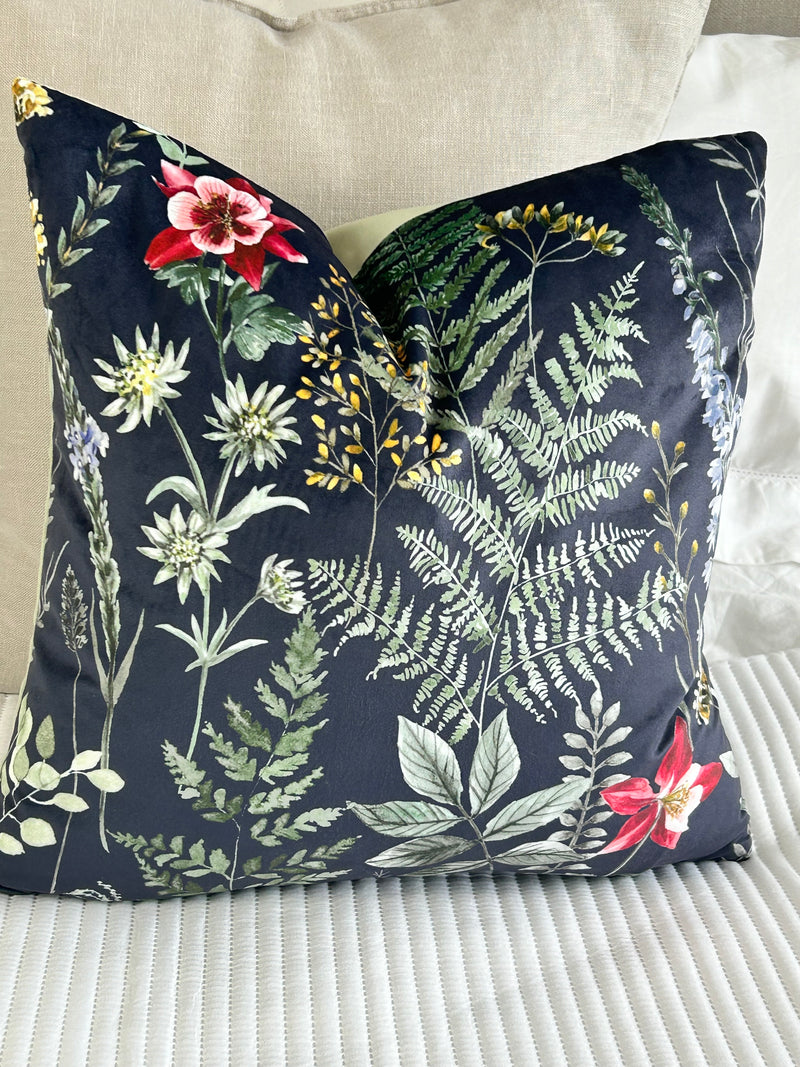 Eden Navy Blue Leaf Print Feather Filled Cushion 43cm x 43cm