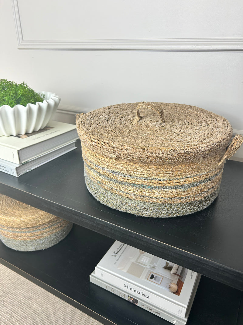 Natural woven stripe lidded baskets 3 sizes chambray