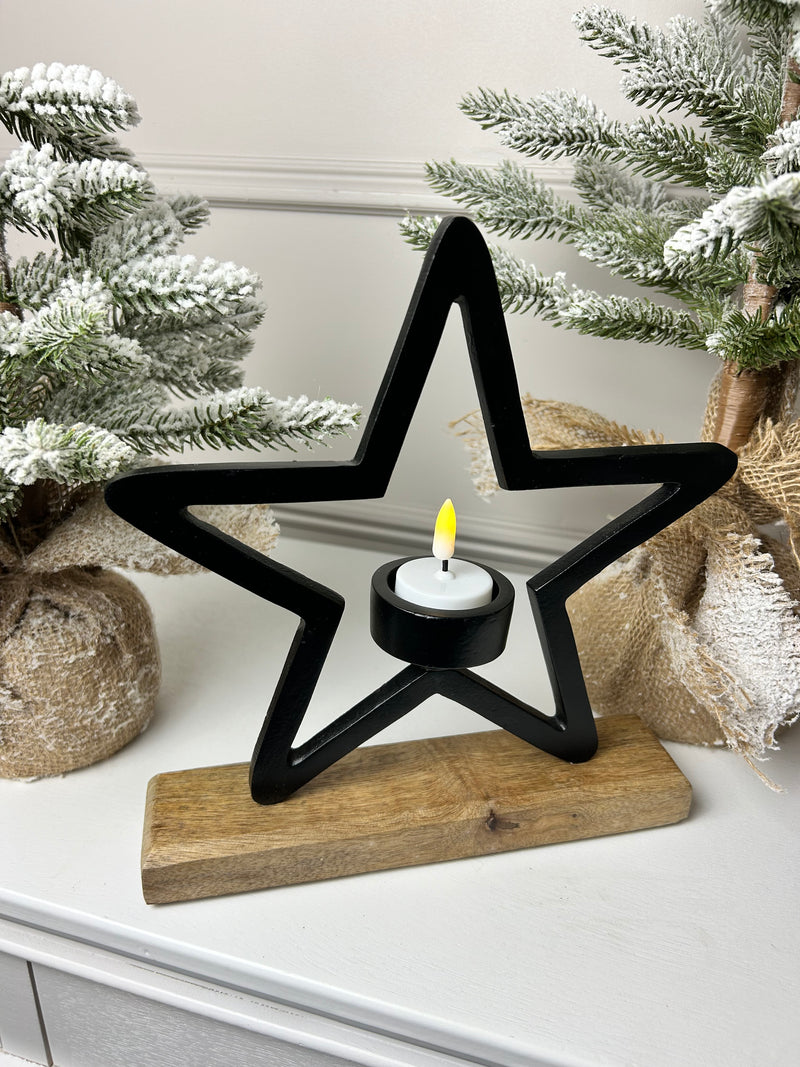 Black Star Metal Tea light candle Holder wooden base