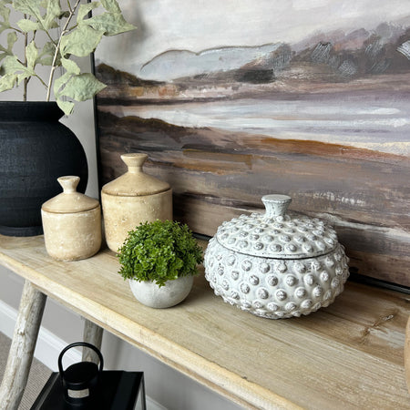 Bobble lidded rustic ceramic jar off white