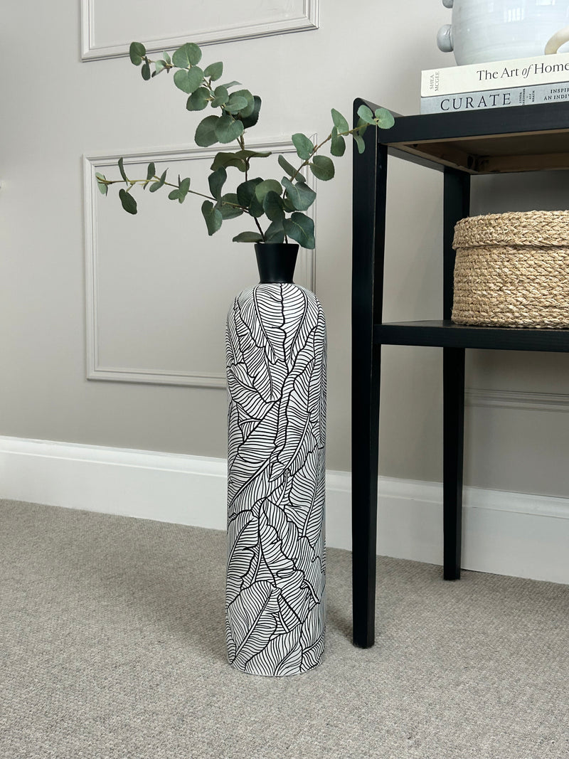 Black white leaf detail embossed tall vase 60cm