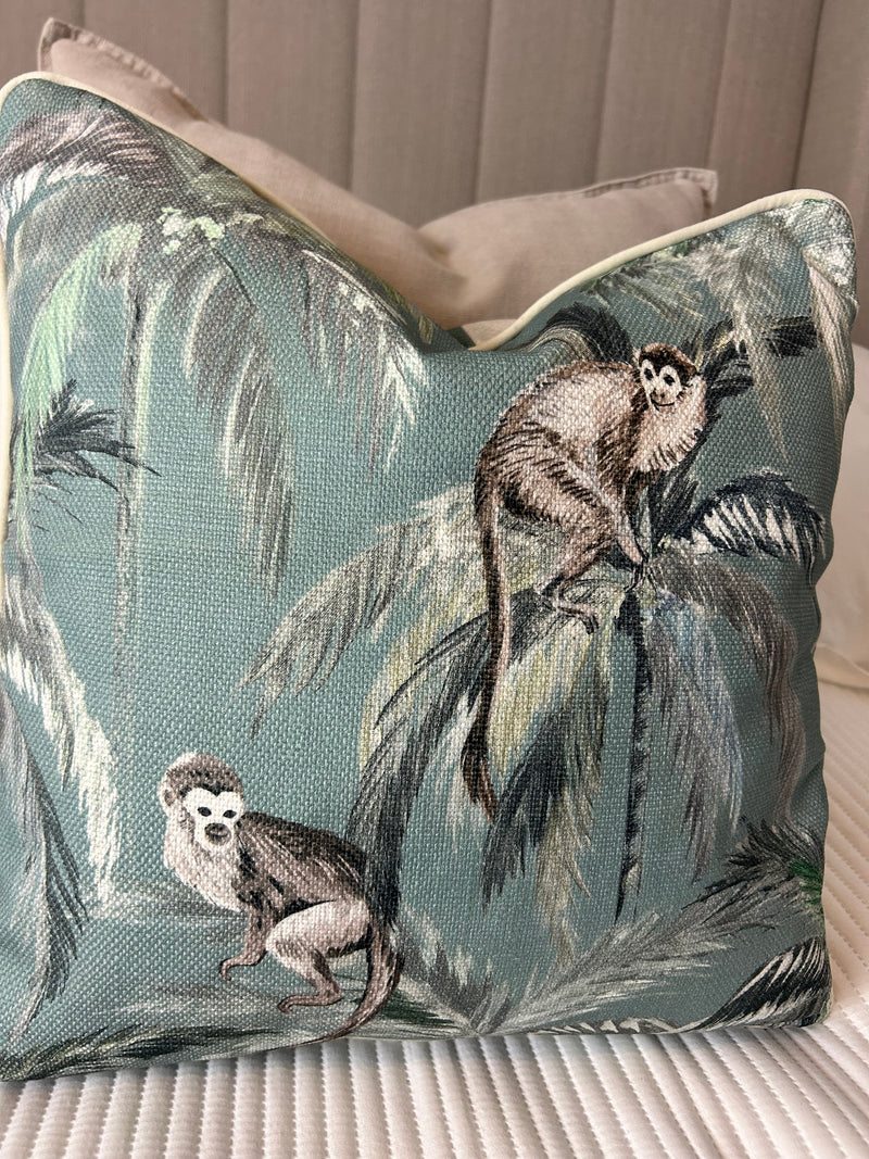 Mona Animal monkey & Stripe Green Reversible Cushion luxury piped soft mint green 45cm