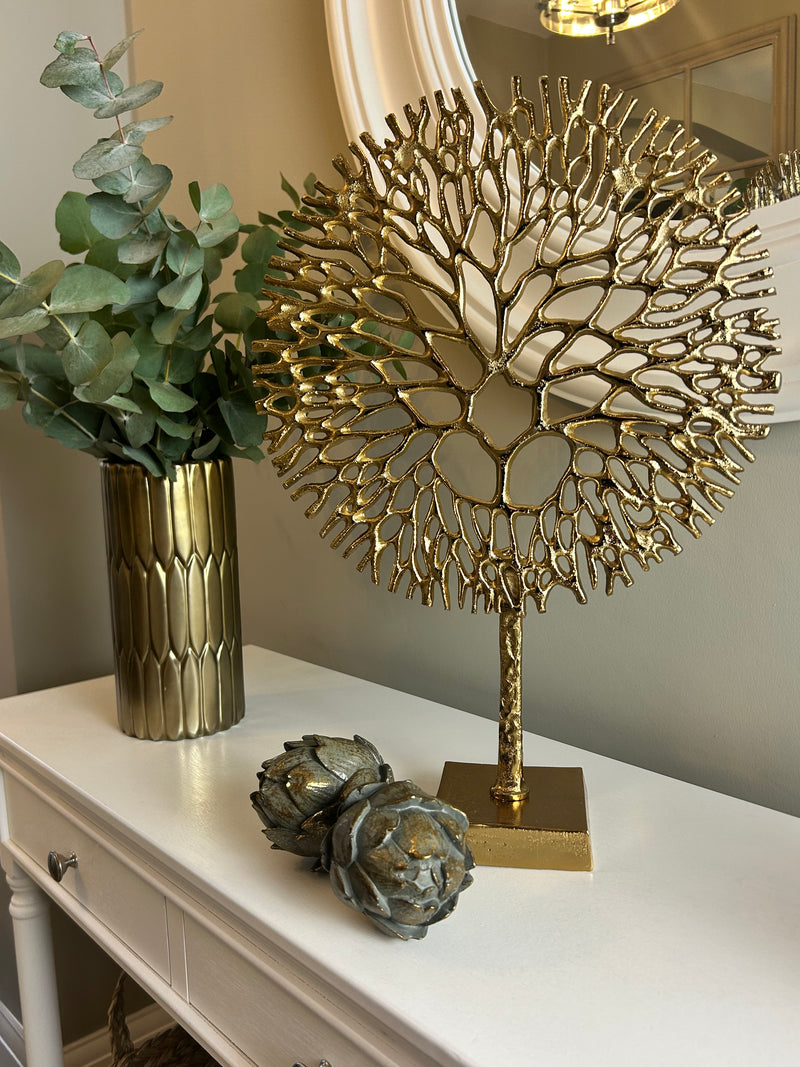 Gold metal coral tree on stand