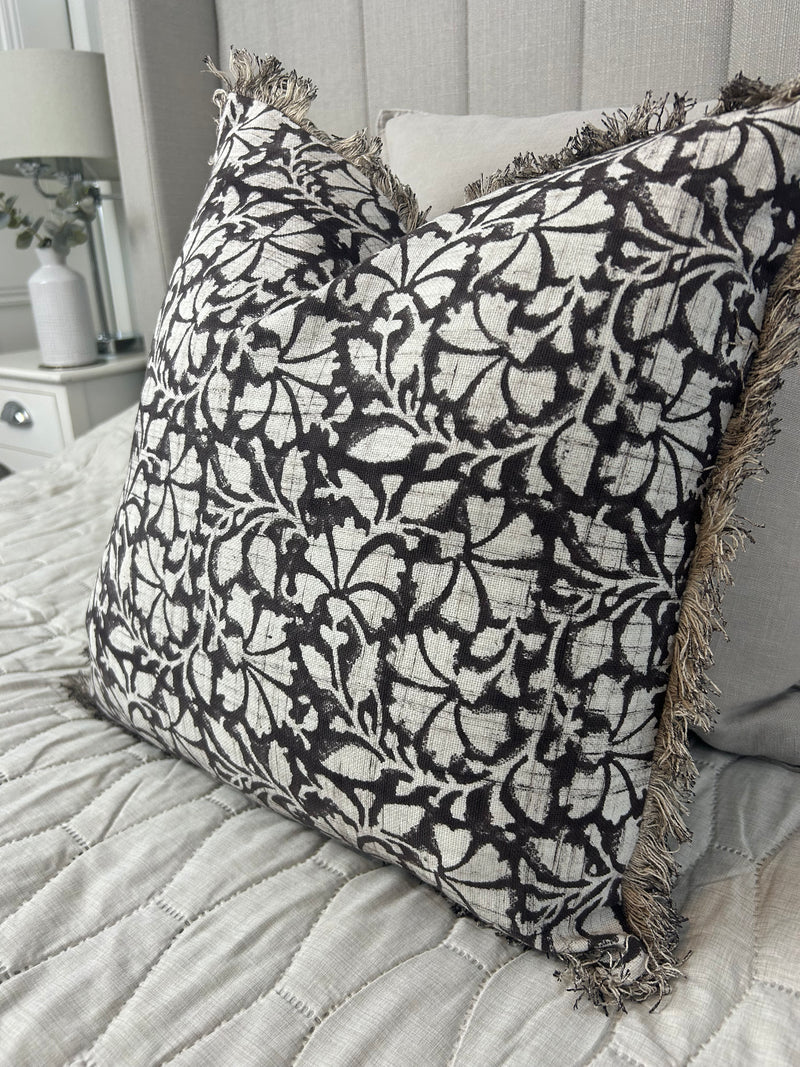 Brown print mocha stone cream print tassel edge cushion