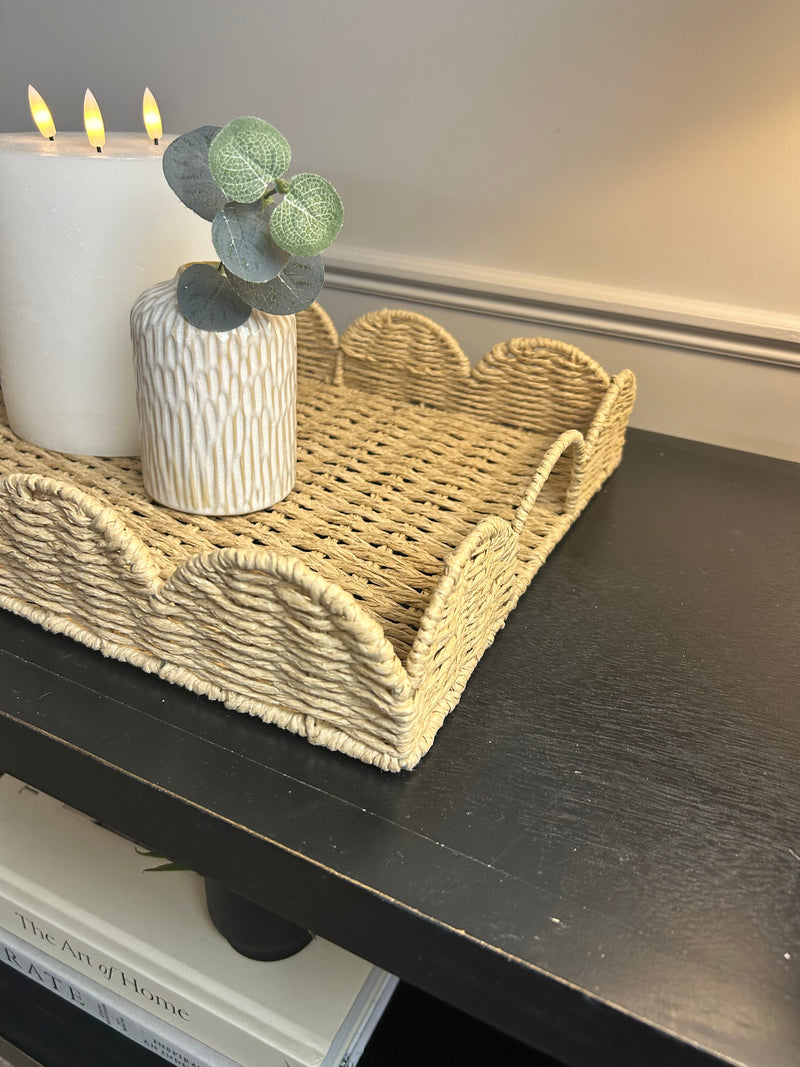 Scallop Edge Rattan Weave Tray With Handles