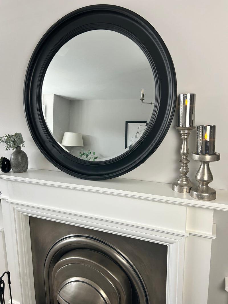 Black wood round framed mirror 90cm