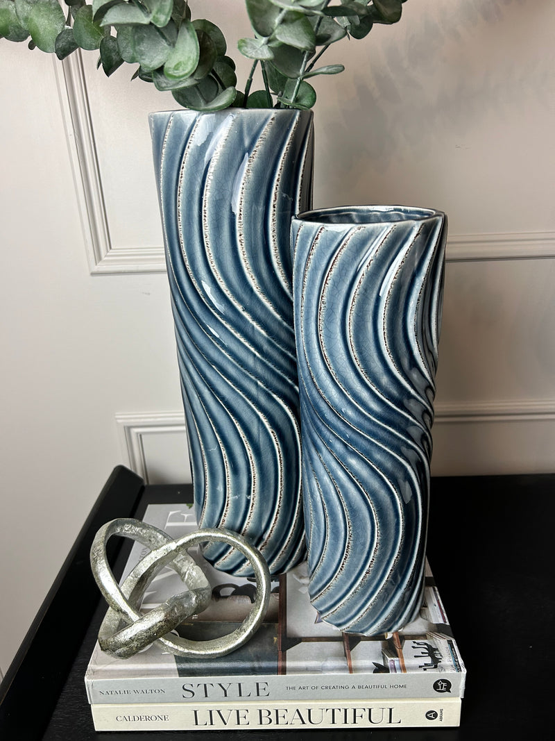 Blue Tall Wavy wave Texture Straight Sided Vase 2 Sizes