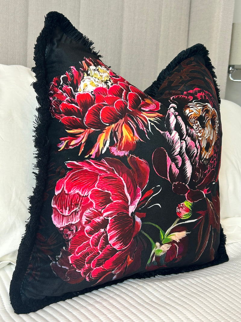 Black Red Pink Velvet Fringed luxury feather filled Cushion