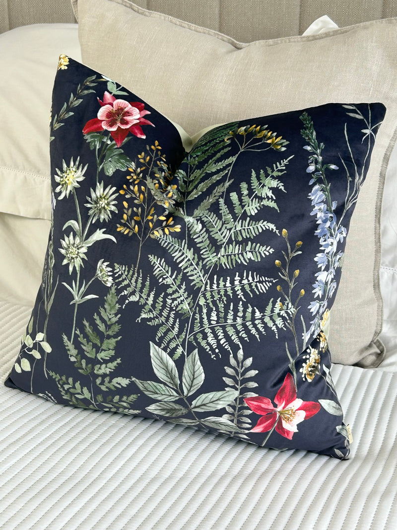 Eden Navy Blue Leaf Print Feather Filled Cushion 43cm x 43cm