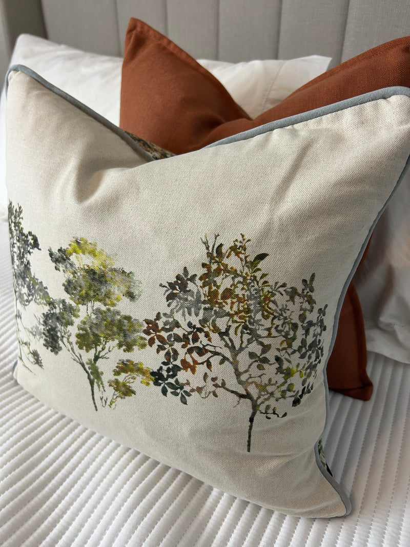 Arboles Natural & Green Tree Print Cushion double sided luxury 45cm