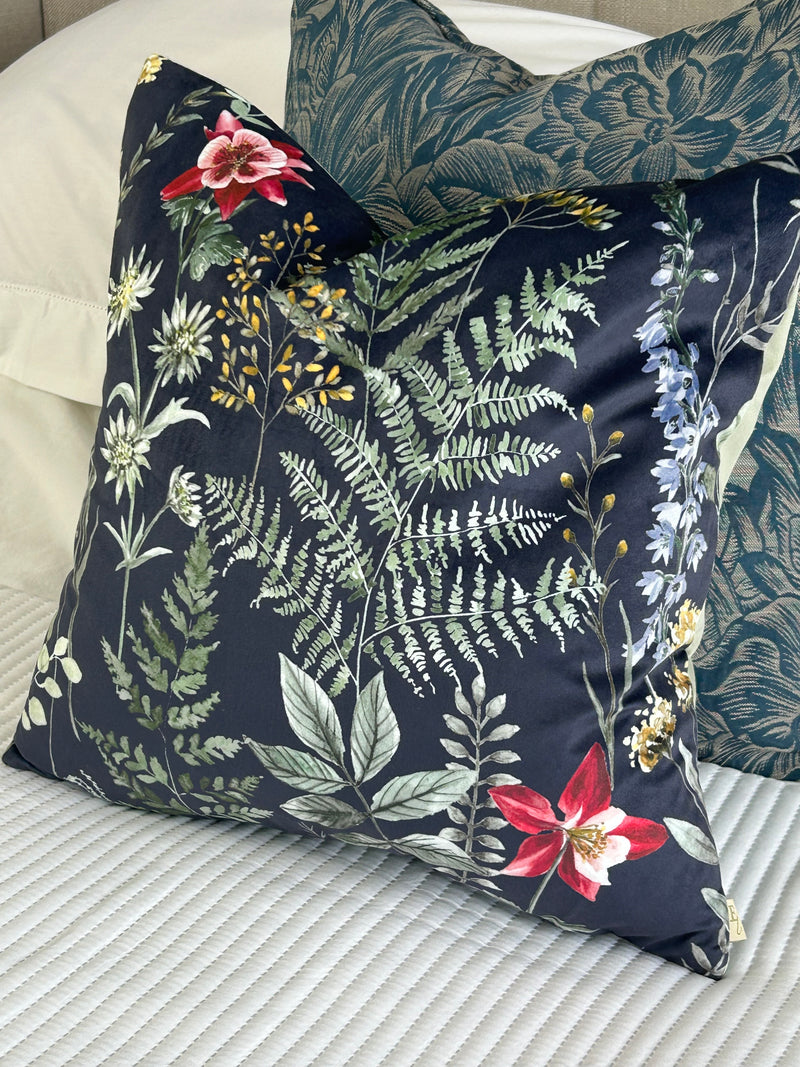 Eden Navy Blue Leaf Print Feather Filled Cushion 43cm x 43cm