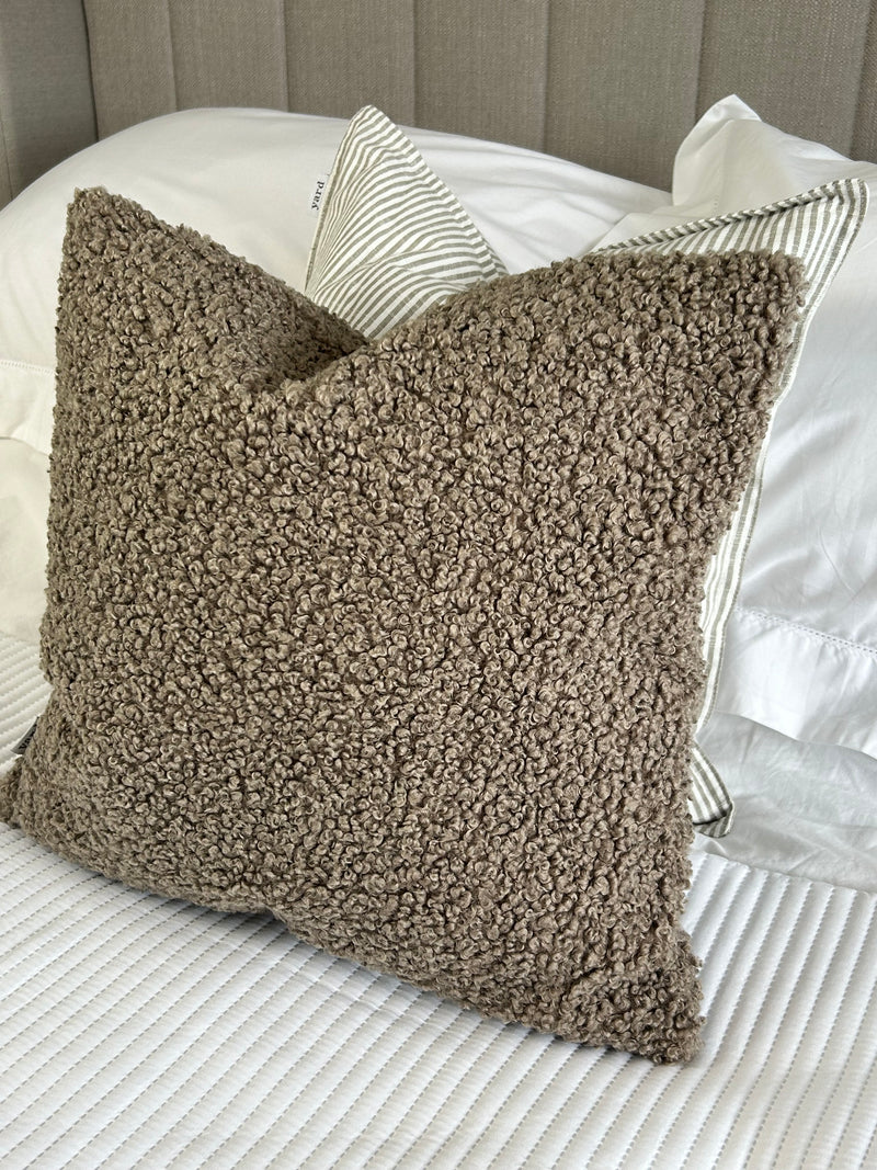 Taupe beige boucle textured cushion Feather filled 45cm