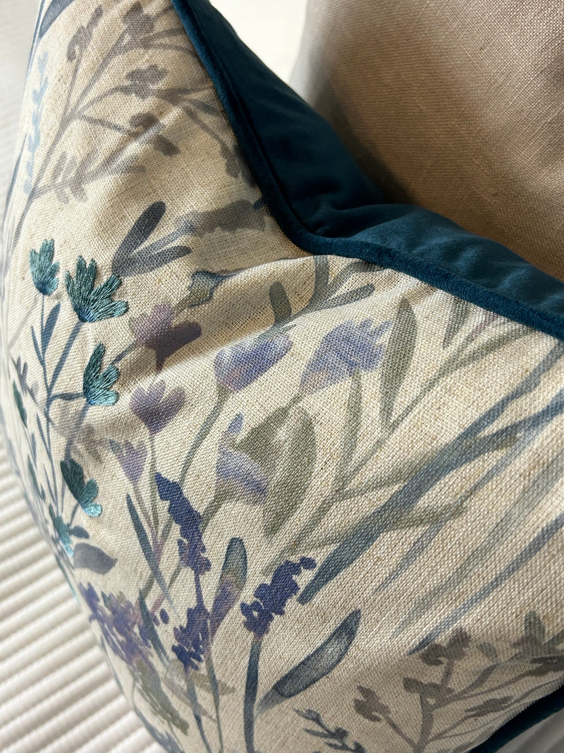 Blue Purple Linen & Velvet  Meadow Print Cushion luxury floral 45cm