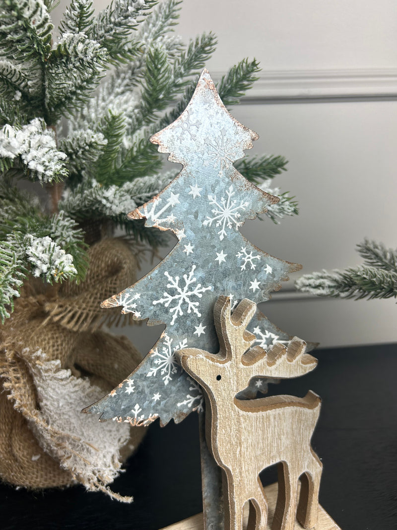 Wooden reindeer Deer and Silver Tree on Stand