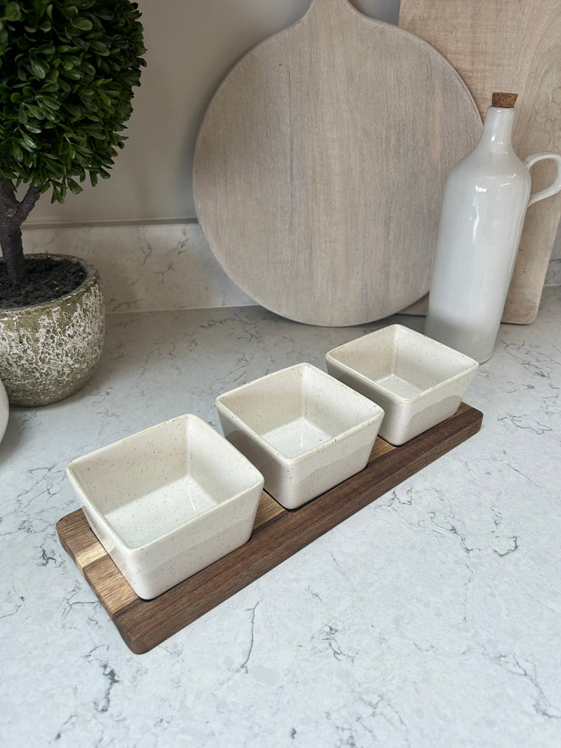 Square Ceramic Dip Dishes on Wood Tray 32cm