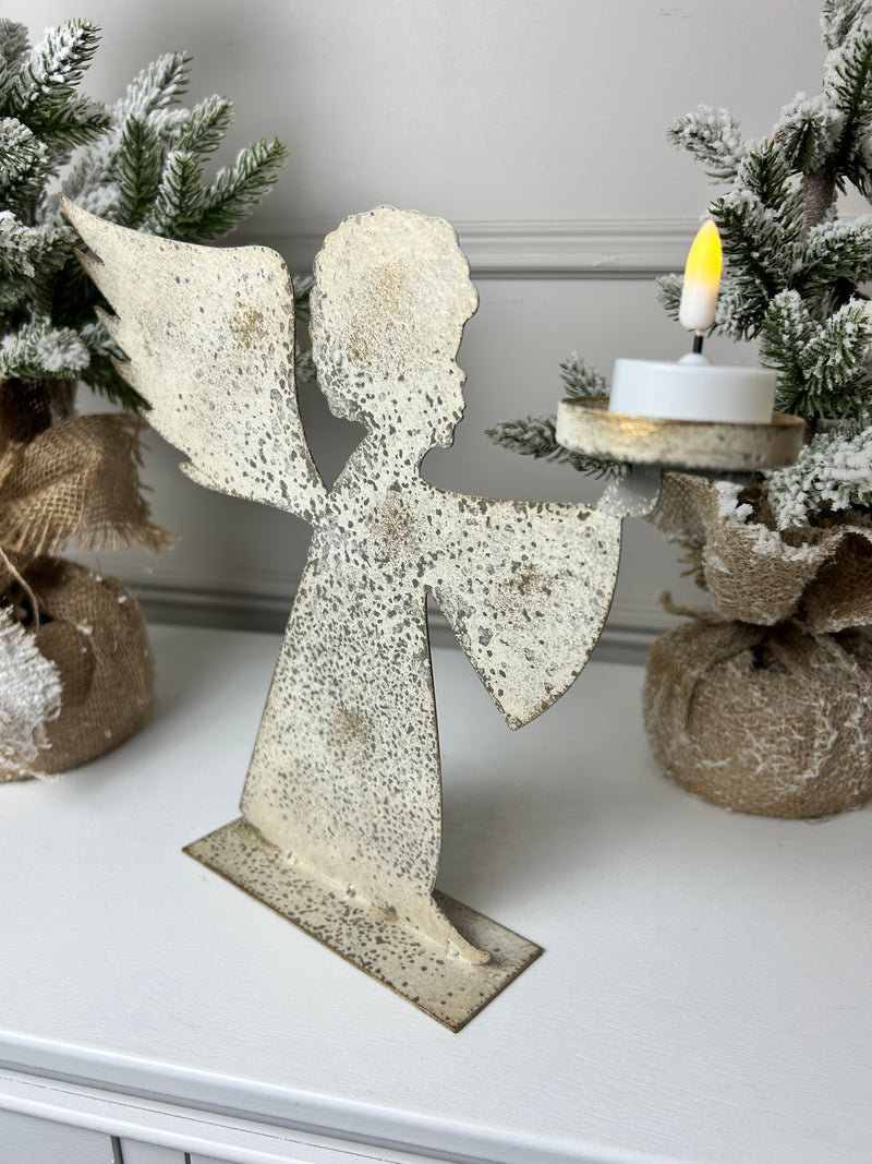 Tall rustic metal angel candle holder 28cm