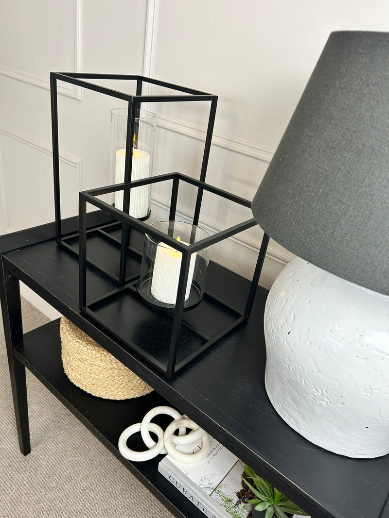 Framed windlight black metal candle holder 2 sizes