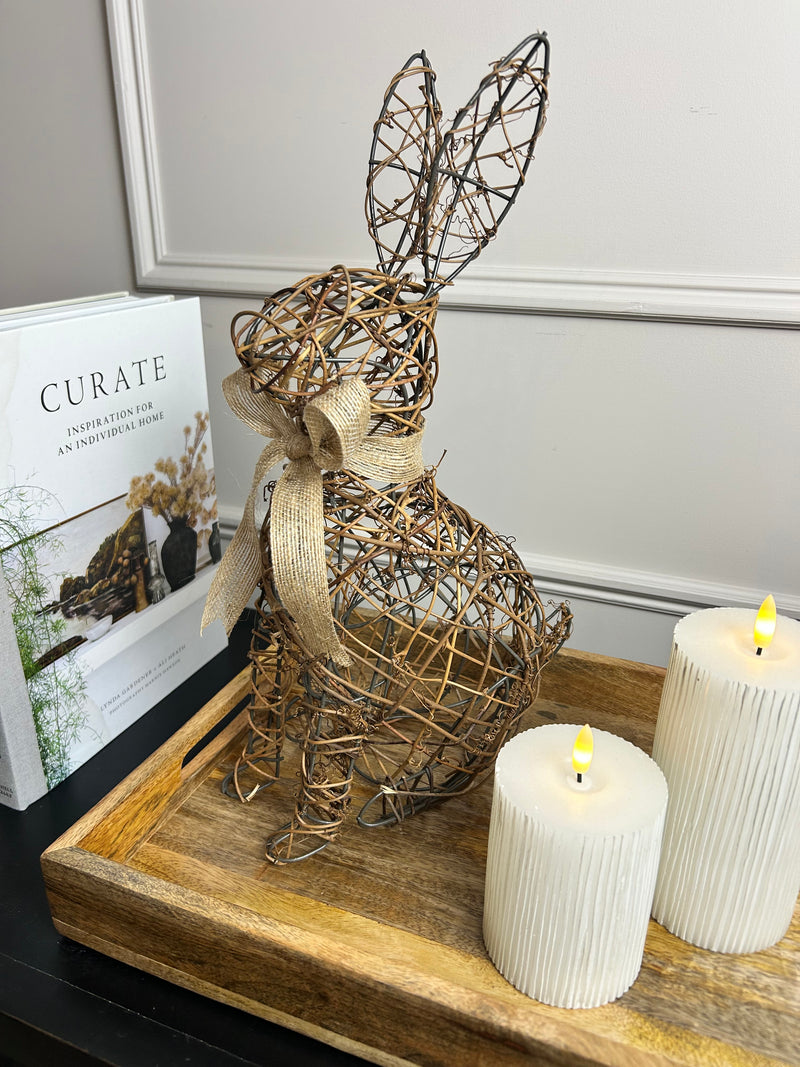 Woven rattan wicker rabbit bunny with woven bow 40cm Easter