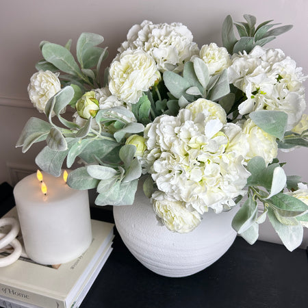 Bouquet arrangement 3 lambs ear white hydrangeas white ranunculus