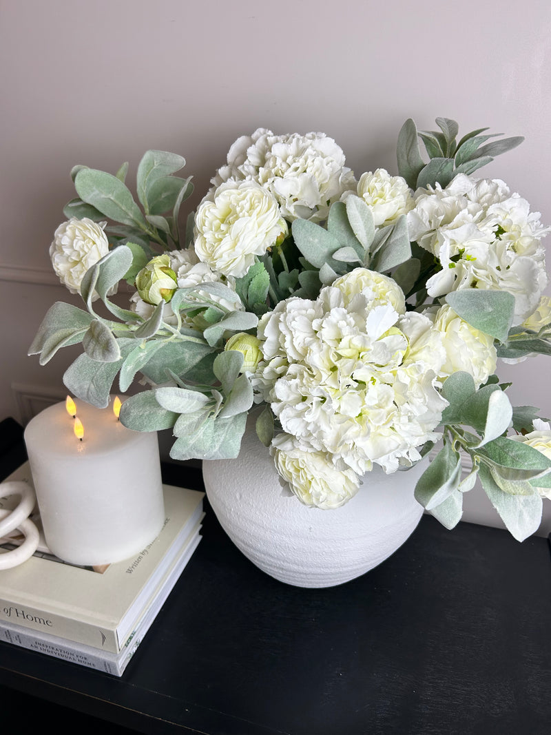 Bouquet arrangement 3 lambs ear white hydrangeas white ranunculus