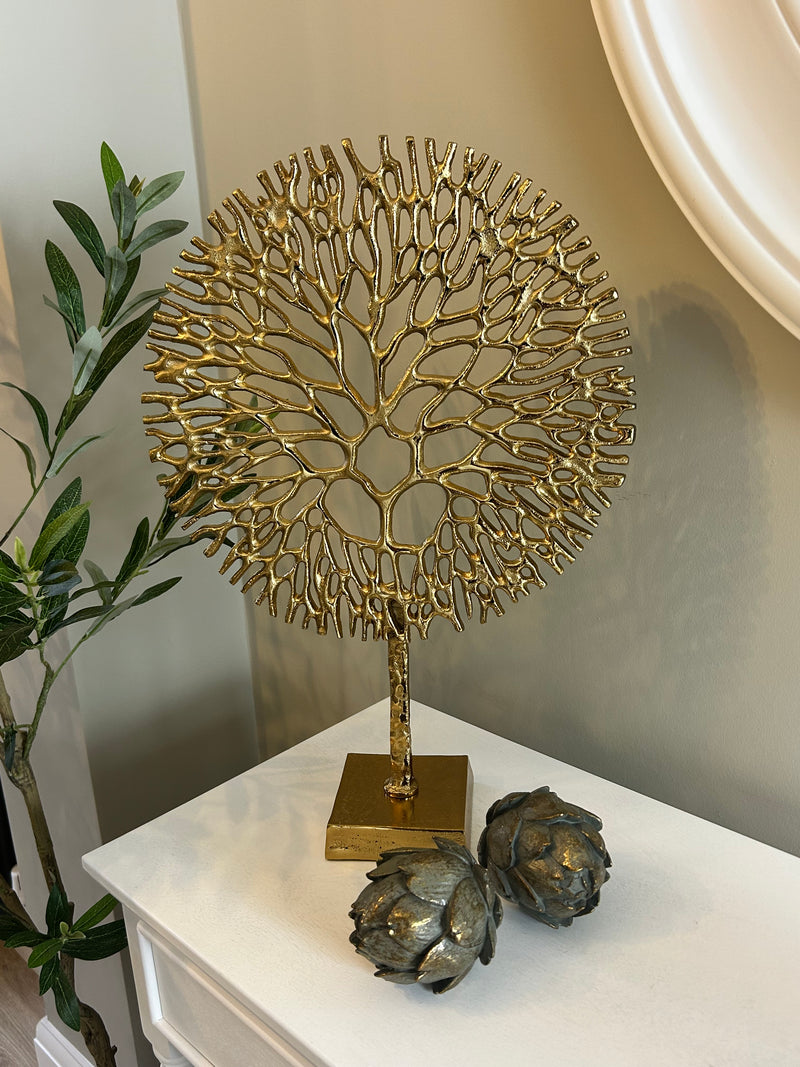 Gold metal coral tree on stand