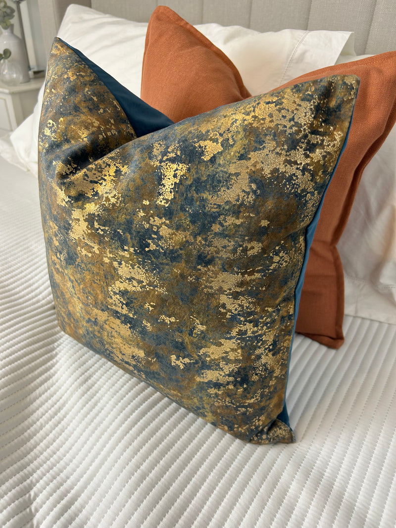 Brazen Blue gold bronze metallic textured luxury feather filled cushion