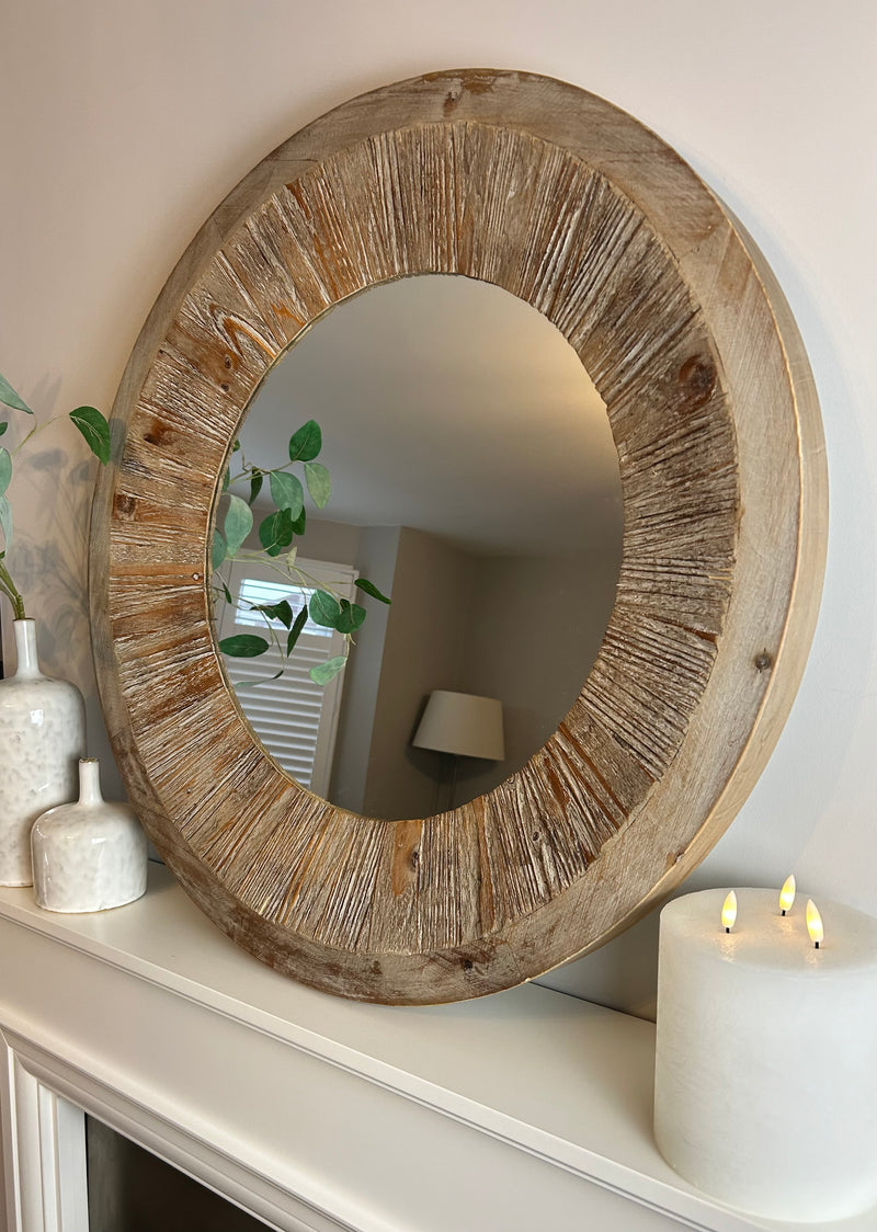 Washed wood round chunky mirror