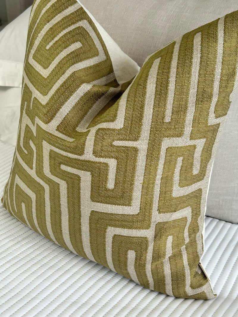 Green geo linen modern cushion 45cm